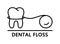 Dental floss concept. Creative horizontal poster. Linear icon of tooth with floss lasso. Black illustration of brush your teeth,