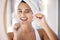 Dental floss, woman and teeth in bathroom mirror for tooth wellness, healthy lifestyle and oral hygiene after morning