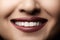 Dental. Happy smile with red lips make-up, white healthy teeth