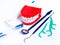 Dental health check tool kit and toothbrush with dentures and dental floss, Cleaning and dental hygiene concept