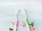 Dental hygiene concept. Toothbrushes, flowers mint