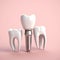 Dental implants, Dental crown 3D model close-up and two Molar teeth.