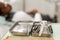 Dental instruments in the foreground. Woman dentist treating root canals in the dental clinic. Man patient lying on