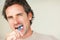 Dental, man and portrait with teeth or toothbrush for morning routine, hygiene and healthy mouth. Mature, person and