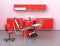 Dental office interior with red unit equipment and cabinet