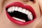 Dental photo. Macro Happy Female Smile with Healthy White Teeth. Red Lips Make-up. Stomatology Treatment, Whitening