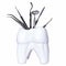 Dental professional steel tools in tooth shaped holder on white background. Set of metal medical equipment tools for