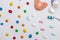 Dental prothesis and color bonbons and gum background