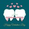 Dental romantic Valentine`s Day card. Cartoon teeth sitting on the bench. Greeting from dentistry
