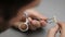 Dental technician working with ceramic crowns in dental laboratory. Technician Working on New Dentures, Holding With