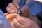 Dental technician working with dental prosthetics - close up view