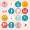 Dental tools.Round icon set in retro flat Style.Orthodontic prosthetics and filling, treatment of diseases of the oral cavity