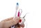 Dental tools with toothbrush interdental pick and floss.