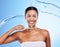 Dental, water and black woman with toothbrush, clean breath and health for teeth and gums, hygiene portrait against blue