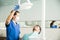 Dentist Adjusting Lighting Equipment Over Patient At Dental Clinic