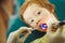 Dentist applies ultraviolet light to child`s teeth after caries removal.