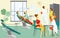 Dentist clinic with doctor, patient, vector illustration. Man woman character at medical visit, dentistry office with
