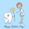 Dentist Day. Cartoon tooth holding a daisy and gives it to dentist woman.