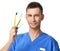 Dentist doctor dental hygienists compare tooth brushes to brush teeth