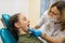 Dentist doing teeth checkup of little girl at medical room.