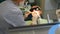 Dentist examining teeth with medical instruments. Portrait of young woman in glasses checking her teeth. Patient with