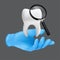 Dentist hand wearing blue protective surgical glove holding a ceramic model of the tooth. 3d realistic vector illustration of