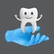 Dentist hand wearing blue protective surgical glove holding a ceramic model of the tooth. 3d realistic vector illustration of