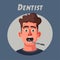 Dentist looking into open mouth of patient. Funny afraid person. Cartoon vector illustration