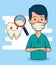 Dentist man with magnifying glass to tooth diagnosis