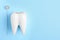 Dentist mirror and tooth shaped holder on color background, top view