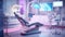 A dentist's chair in a room with pink lighting. Digital image.