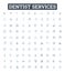 Dentist services vector line icons set. Dentist, Services, Teeth, Cleaning, Fillings, Extractions, Orthodontics