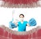 Dentist with tools. Concept of dentistry, whitening, oral hygiene, teeth cleaning with toothbrush, floss. Dentistry, taking care