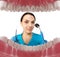 Dentist with tools. Concept of dentistry, whitening, oral hygiene, teeth cleaning with toothbrush, floss. Dentistry, taking care