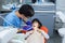 Dentist at work. Doctor cleaning little girl`s teeth. Pediatric