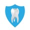 Dentistry, healthy white tooth on blue protection sign background