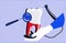 Dentistry service banner in Pop Art style.Hand holding huge molar.Drill bit ,curing teeth with caries,removing plaque.