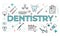 Dentistry word concept surrounded with line icons. Typography lettering design with outline signs for dental care, teeth