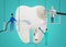 Dentists clean, treat a sick aching tooth. Doctors clean, drill dental plaque and dental caries. Dentistry work concept.