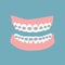 Denture icon gums with teeth and braces isolated on green background. Alignment teeth process.