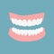 Denture icon gums with teeth or dentures isolated on green background. Dental prostheses, tooth orthopedics sign, teeth image