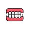 Dentures, dental prosthesis, tooth orthopedics flat color line icon.