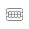 Dentures, dental prosthesis, tooth orthopedics line icon.