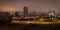 Denver Skyline at Night with Fog Long Exposure Headlights on Highway