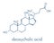 Deoxycholic acid bile acid molecule. Also used as drug. Skeletal formula.