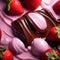 depict the contrasting textures of smooth chocolate and juicy strawberry in a close up composition