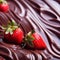 depict the contrasting textures of smooth chocolate and juicy strawberry in a close up composition