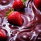 depict the contrasting textures of smooth chocolate and juicy strawberry in a close up composition