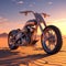 depict a heavybike parked in the middle of a sandy desert with the sun setting in the background