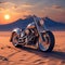 depict a heavybike parked in the middle of a sandy desert with the sun setting in the background